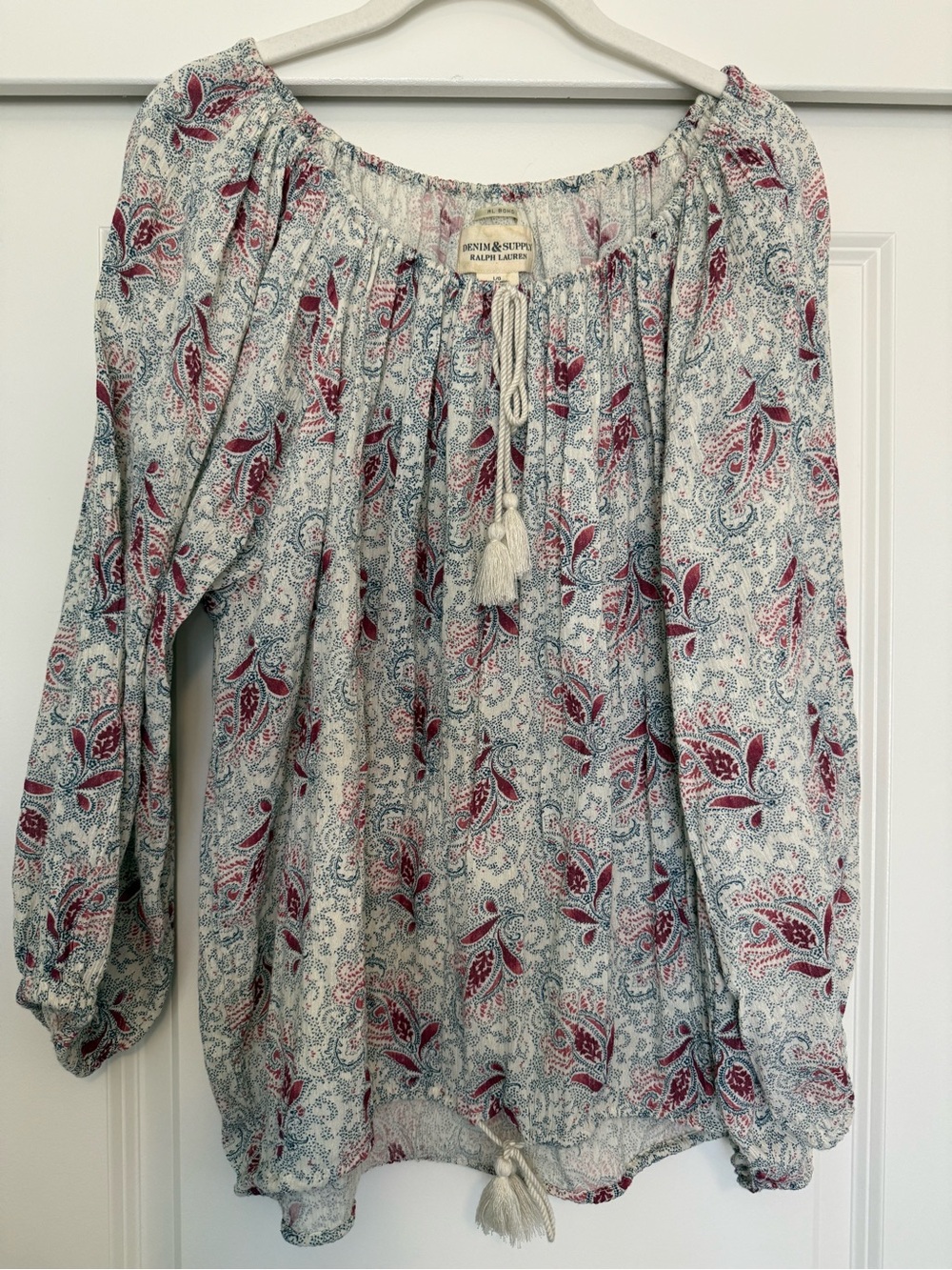 Ralph Lauren White Paisley Peasant Top with Red & Blue Print